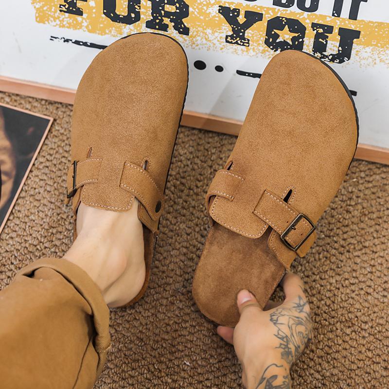 2025 women men round toe footbed fashion suede shoes slide outdoor slippers with strap adjustable flat buckle clogs retro fashion walking shoes slippers 