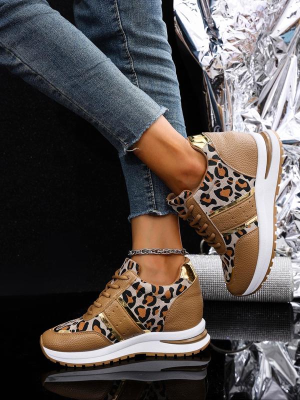 Women's Fashion Leopard Print Lace Up Platform Sneakers, Casual Comfortable Round Toe Sports Shoes for Daily Wear, Female All-match Shoes for Fall & Winter