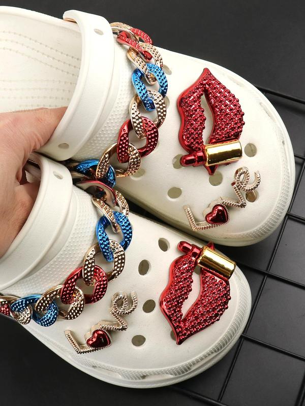 6pcs set Women's 2024 Street Trend Clogs Charms, Trendy Novelty Chain & Lipstick Shoes Decorations, Shiny Shoes Charms for Clogs DIY As Birthday Gift