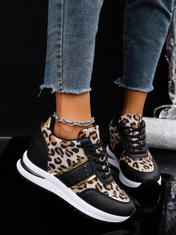 Women's Fashion Leopard Print Lace Up Platform Sneakers, Casual Comfortable Round Toe Sports Shoes for Daily Wear, Female All-match Shoes for Fall & Winter