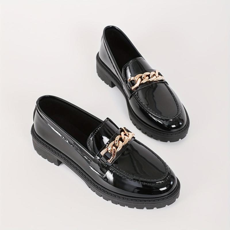 Women's Chain Fashionable Round Toe Decor Loafers, Slip On Shoes, All-Match Patent Leather Loafers