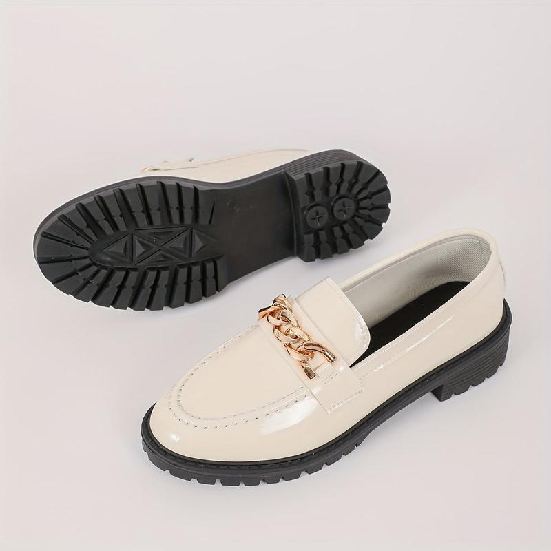 Women's Chain Fashionable Round Toe Decor Loafers, Slip On Shoes, All-Match Patent Leather Loafers