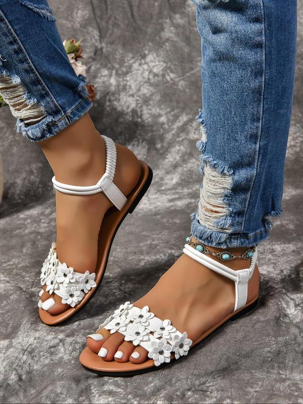 Women's Fashionable Flower Decorated Slip on Sandals, Boho Style Open Toe Sandals for Summer, Lightweight Breathable Comfortable Shoes for Daily Wear