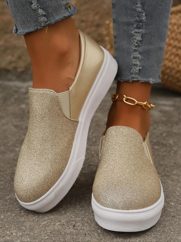 Women's Fashionable Glitter Slip on Sneakers, Casual Comfortable Breathable Shoes for Daily Wear, Female All-match Round Toe Shoes for Daily Wear