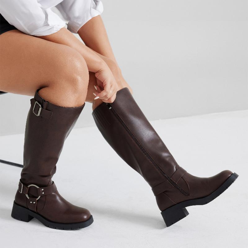 Extra Wide Calf Boots for Women - Knee High Square Toe Wide Width Platform Plus Size Tall Boots with Side Zip, Elastic bands Buckle Chunky Heel Wide Leg Fashion Motorcycle Boot for Spring Fall