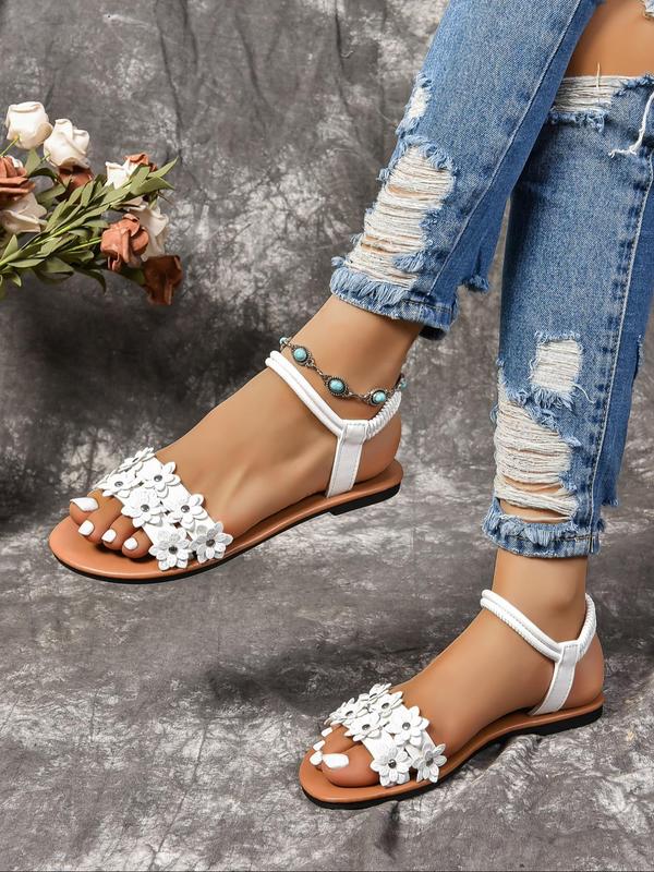 Women's Fashionable Flower Decorated Slip on Sandals, Boho Style Open Toe Sandals for Summer, Lightweight Breathable Comfortable Shoes for Daily Wear