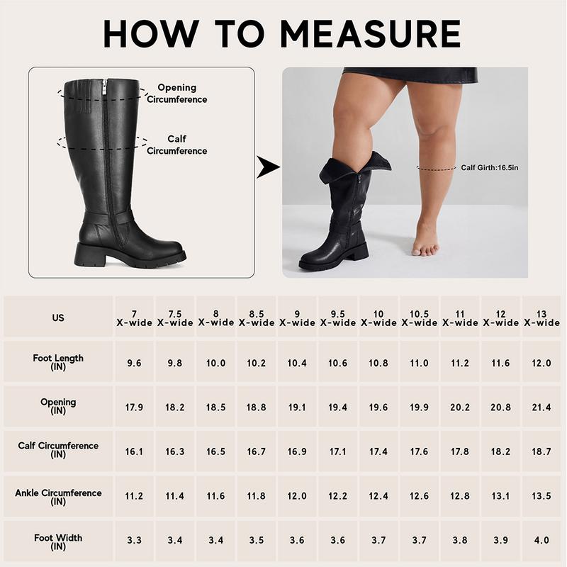 Extra Wide Calf Boots for Women - Knee High Square Toe Wide Width Platform Plus Size Tall Boots with Side Zip, Elastic bands Buckle Chunky Heel Wide Leg Fashion Motorcycle Boot for Spring Fall