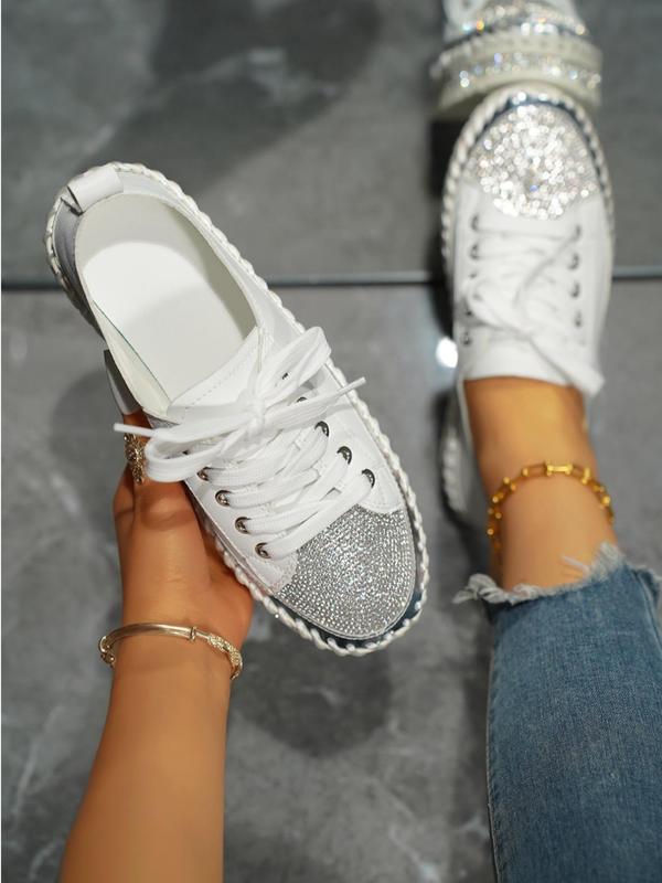 Women's Fashionable Rhinestone Decor Lace-Up Design Platform Sneakers, Casual Comfortable Sports Shoes, Female All-match Round Toe Shoes for Daily Wear