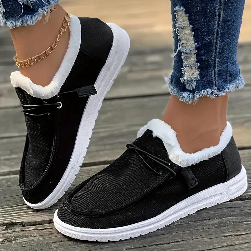 Women's Solid Color Lining Shoes, Fluffy Warm Flat Bottom Non-Slip Canvas Shoes, Plush Winter Comfortable Shoes