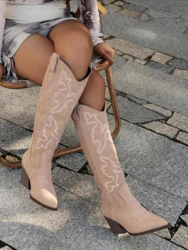 Women's Fashionable Embroidering Design Knee High Boots, Casual Pointed Toe High Heel Boots for Daily Wear, Western Cowboy Boots for Women & Girls