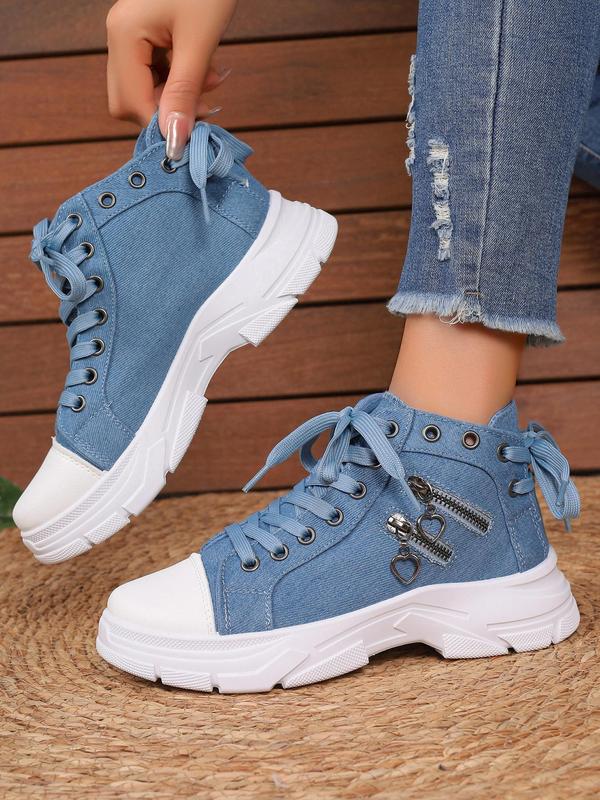 Women's Fashionable Zipper Decor Lace-up Canvas Sneakers, Casual Comfortable Breathable Mid Top Platform  Shoes, All Match Round Toe Shoes for Daily Wear