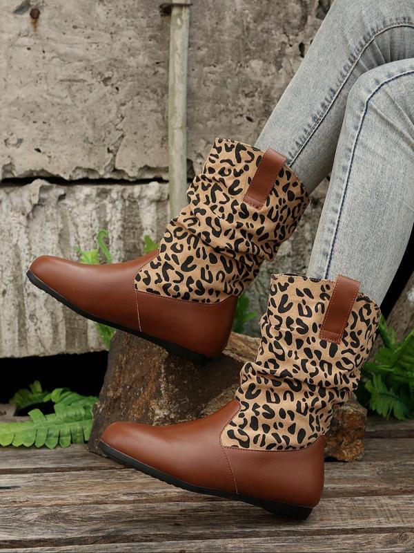 Women's Fashion Leopard Print Boots, Casual Comfortable Slip on Boots for Daily Wear, Female All-match Trendy Shoes for Winter