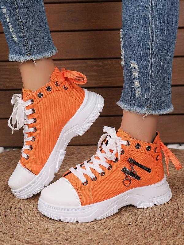 Women's Fashionable Zipper Decor Lace-up Canvas Sneakers, Casual Comfortable Breathable Mid Top Platform  Shoes, All Match Round Toe Shoes for Daily Wear