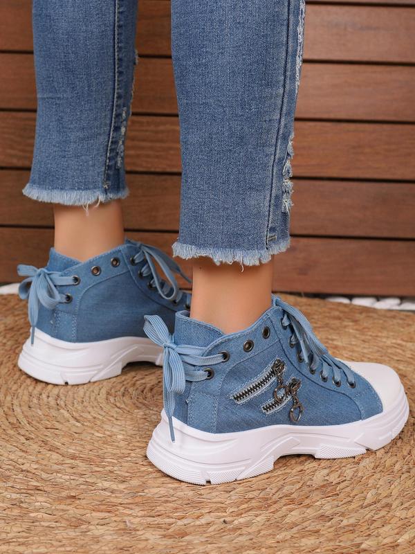 Women's Fashionable Zipper Decor Lace-up Canvas Sneakers, Casual Comfortable Breathable Mid Top Platform  Shoes, All Match Round Toe Shoes for Daily Wear