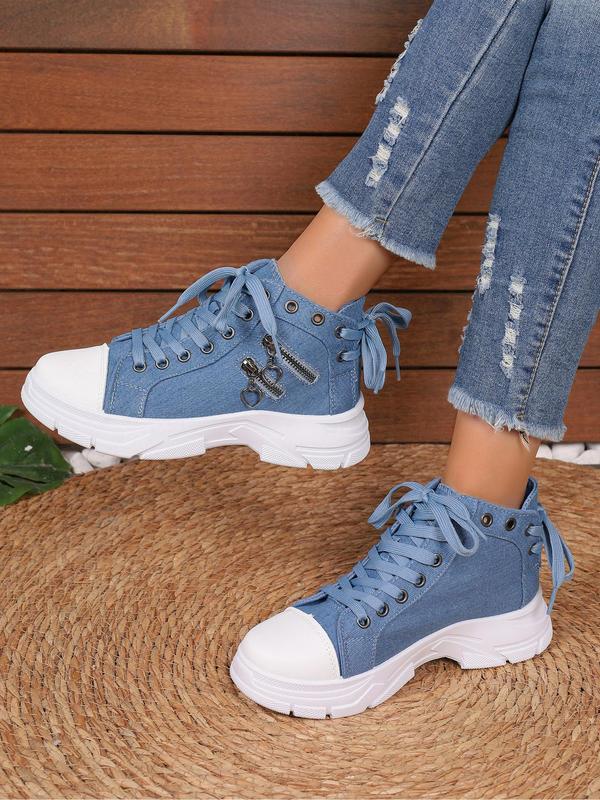 Women's Fashionable Zipper Decor Lace-up Canvas Sneakers, Casual Comfortable Breathable Mid Top Platform  Shoes, All Match Round Toe Shoes for Daily Wear