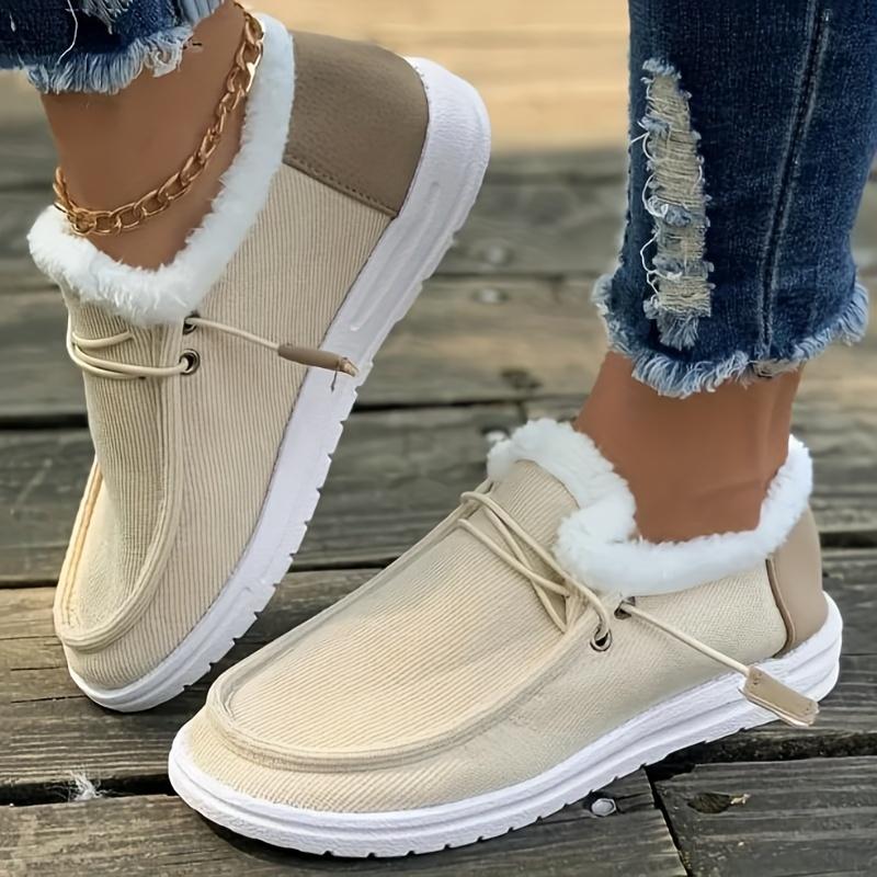 Women's Solid Color Lining Shoes, Fluffy Warm Flat Bottom Non-Slip Canvas Shoes, Plush Winter Comfortable Shoes