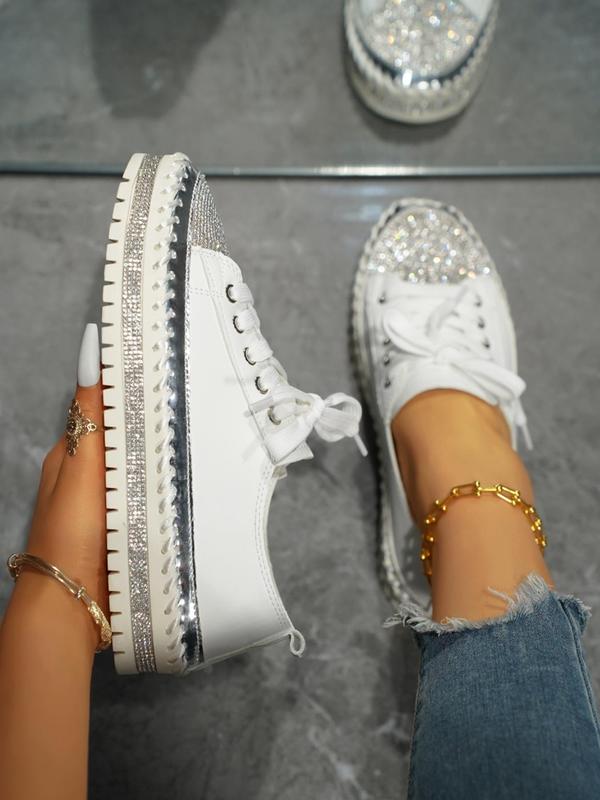 Women's Fashionable Rhinestone Decor Lace-Up Design Platform Sneakers, Casual Comfortable Sports Shoes, Female All-match Round Toe Shoes for Daily Wear