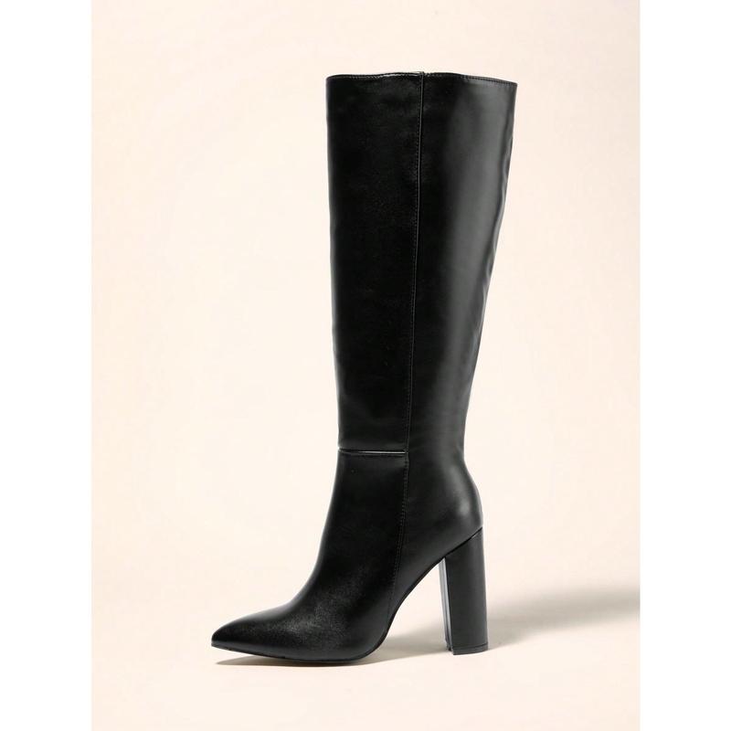 Women's Pointed Toe Chunky Heel Over The Knee Boots, Ladies Leather High Boots With Side Zipper For Autumn And Winter, Sexy Classic Knee High Boots In Black