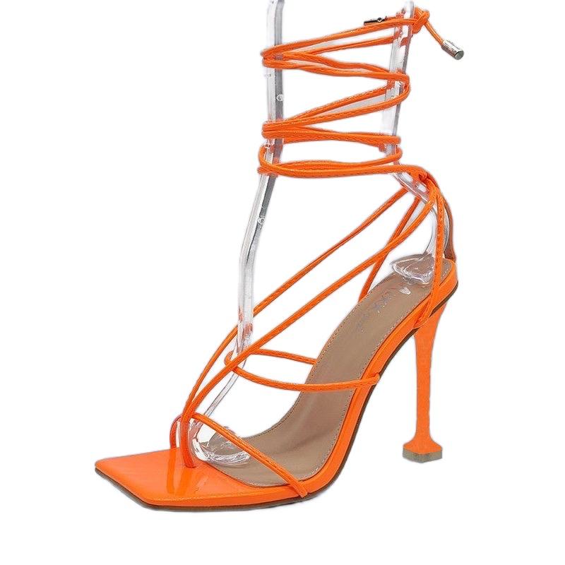 Stylish and Comfortable Square Toe Strappy Heels in Neon Orange - Elevate Your Fashion Game