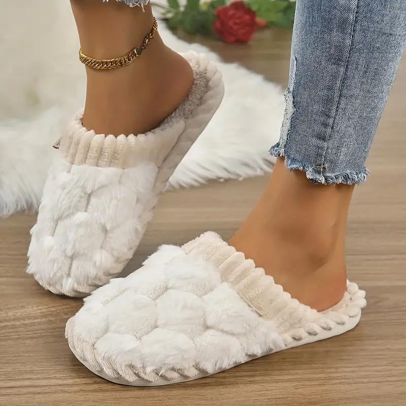 Female simple plaid plush slippers, casual soft and comfortable home slippers, Plaid slippers Shoe