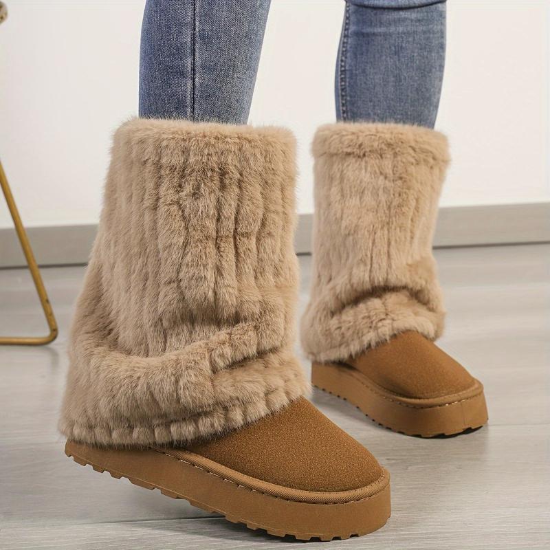 Women's Solid Color Snow Boots, Casual Slip On Plush Lined Boots, Comfortable Winter Mid Calf Boots