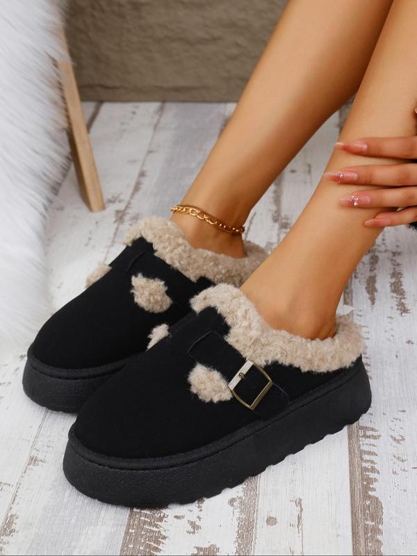 Women's Solid Color Belted Design Plush Slippers, Casual Soft Comfortable Home Slippers for Fall & Winter, Fluffy House Shoes for Indoor and Outdoor