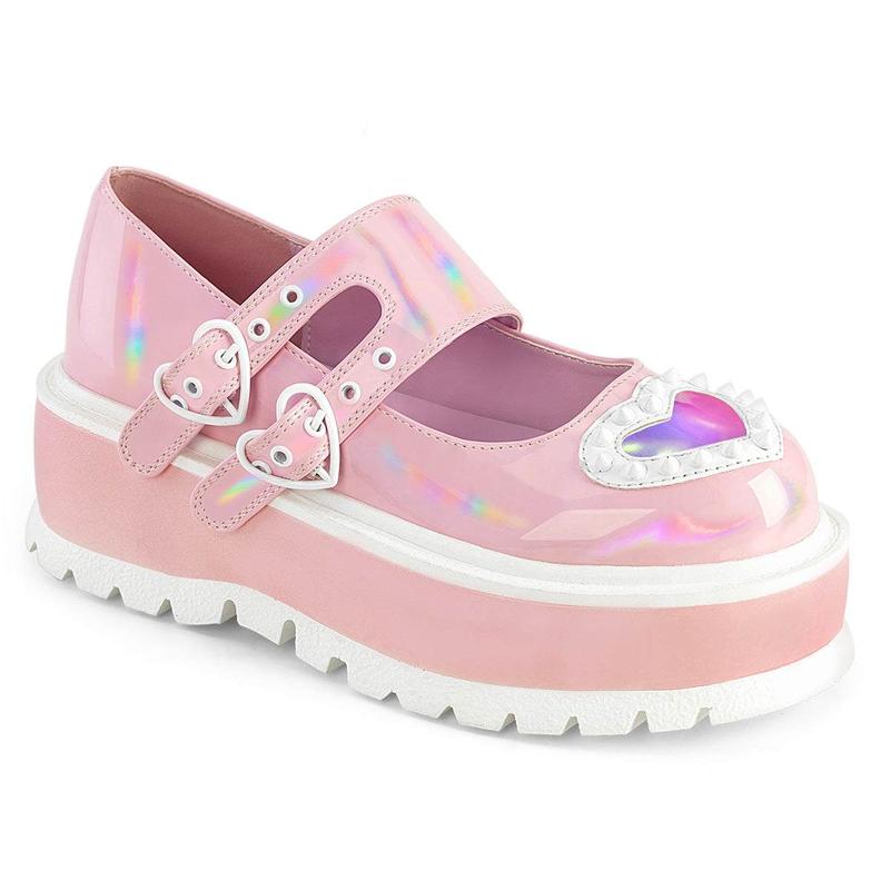 Demonia Slacker-25 Baby Pink Holo Patent Platforms