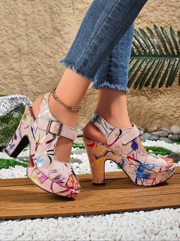 Women's Fashionable Random Pop Art Print Peep Toe High Heel Sandals, Casual Versatile Buckle Decorated Sandals for Summer, Female All-match Shoes for Daily Wear