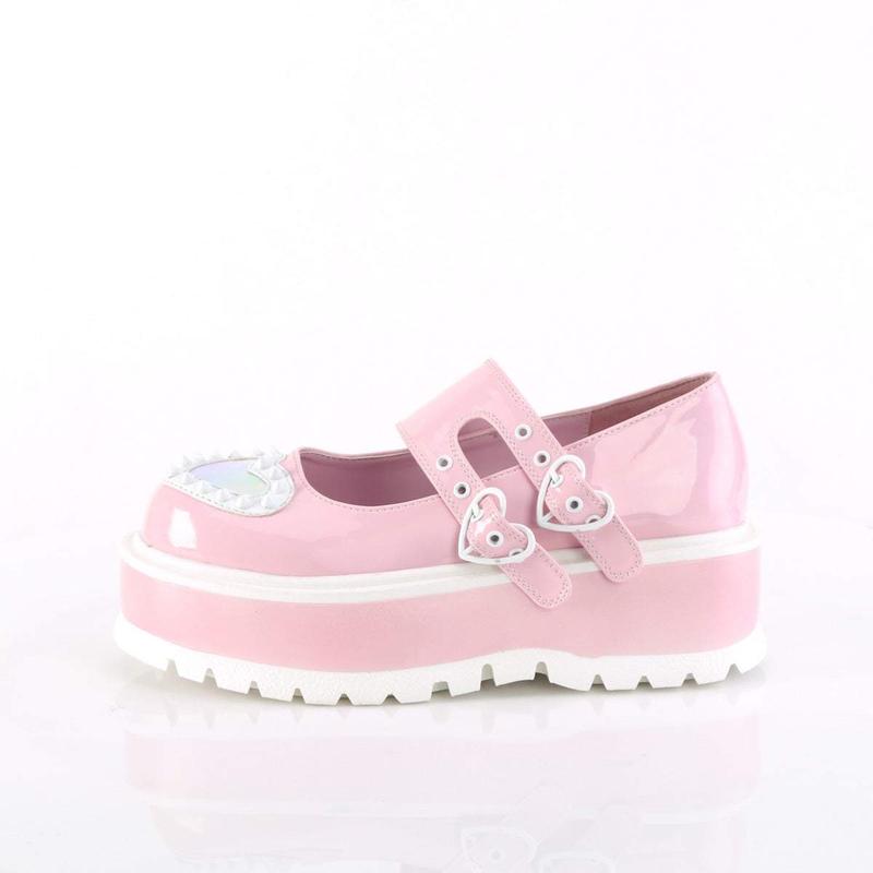 Demonia Slacker-25 Baby Pink Holo Patent Platforms