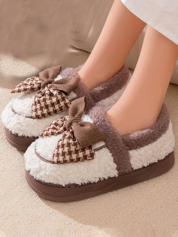 Women's Cute Bowknot Design Plush Slippers, Casual Soft Comfortable Home Slippers, Warm Slippers for Indoor & Outdoor Use for All Seasons