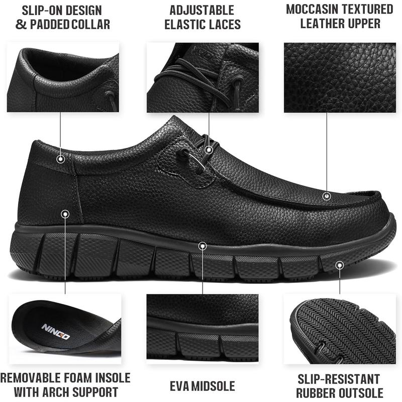 Leather Non Slip Shoes for Men, Slip On Waterproof Work Shoes, Comfortable Slip Resistant Work Loafers, Lightweight Breathable Mens Food Service Chef Shoes Work Sneakers, for Kitchen Restaurant