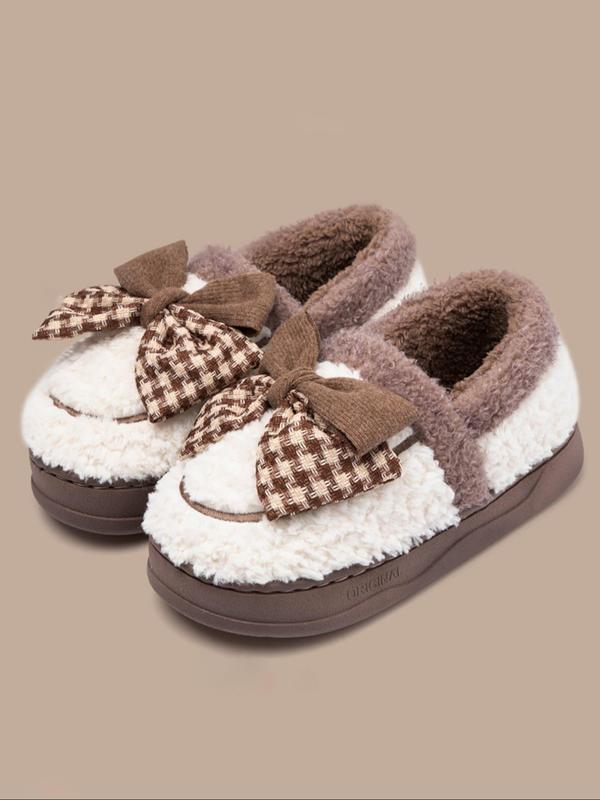 Women's Cute Bowknot Design Plush Slippers, Casual Soft Comfortable Home Slippers, Warm Slippers for Indoor & Outdoor Use for All Seasons