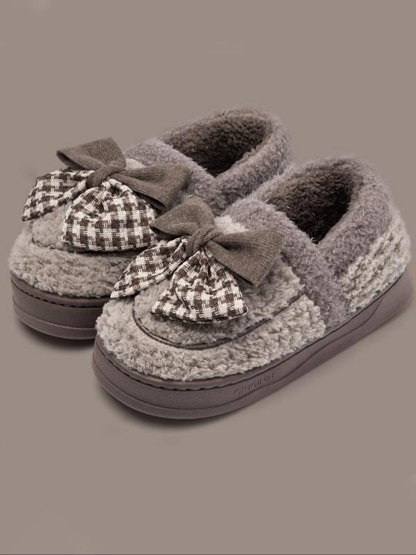 Women's Cute Bowknot Design Plush Slippers, Casual Soft Comfortable Home Slippers, Warm Slippers for Indoor & Outdoor Use for All Seasons