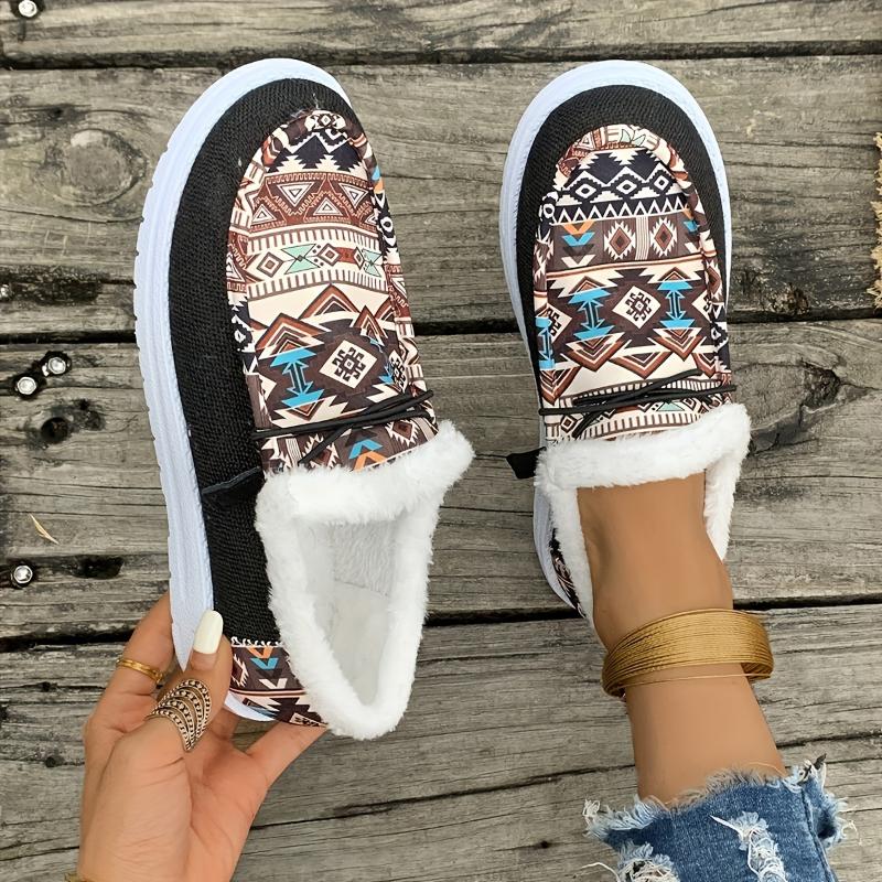 Cozy Fluffy Tribal Loafers - Women's Soft Sole Warm Plush Lined Winter Shoes for Snow - Non-slip Round Toe Comfortable Slip-Ons with Breathable Lining