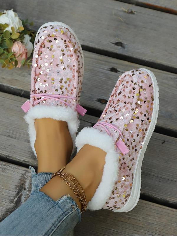 Women's Fashionable Contrast Sequin Design Plush Slip on Sneakers, Casual Comfortable Low Top Shoes for Daily Wear, Female All-match Round Toe Sports Shoes for Winter, Fall Shoes