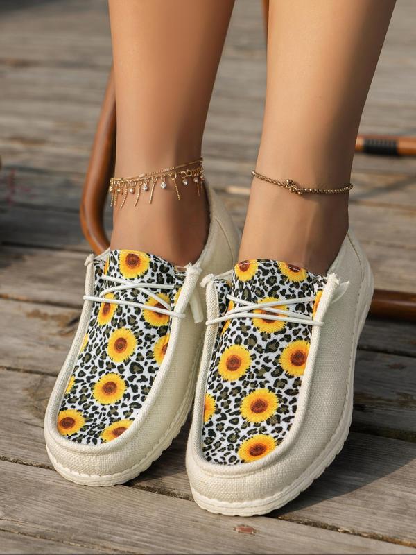 Women's Fashionable Sunflower & Leopard Pattern Lace Up Low Top Loafers Shoes, 1 Pair Casual Comfortable Walking Shoes for Daily Wear, Perfect for Students and Outdoor Sports