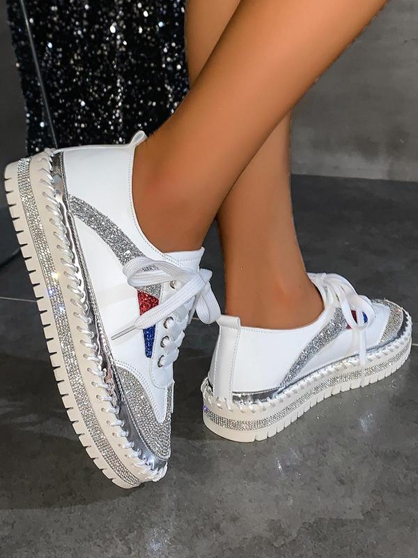 Women's Fashionable Rhinestone Decor Lace Up Low Top Platform Sneakers, Casual Comfortable Thick Sole Sports Shoes for Daily Wear, Perfect for Students and Outdoor Sports