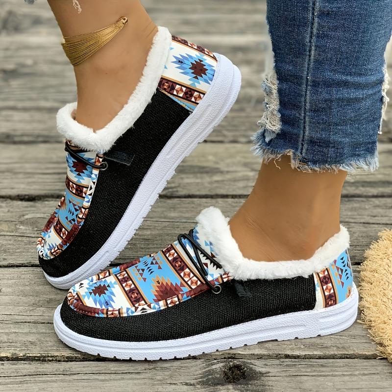 Cozy Fluffy Tribal Loafers - Women's Soft Sole Warm Plush Lined Winter Shoes for Snow - Non-slip Round Toe Comfortable Slip-Ons with Breathable Lining