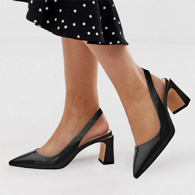 Womens Slingback Chunky Heels Point-toe Pump Shoes Block Heel Summer Sandals Low-heel Party Shoes