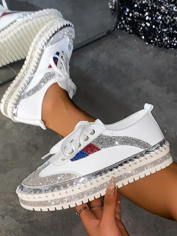 Women's Fashionable Rhinestone Decor Lace Up Low Top Platform Sneakers, Casual Comfortable Thick Sole Sports Shoes for Daily Wear, Perfect for Students and Outdoor Sports