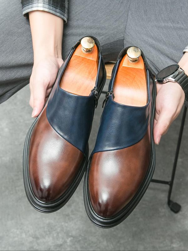 Men's Business Formal Patchwork Design Zipper Dress Shoes, 2024 New Style Fashionable Comfortable Dress Shoes for Work Office, Male All-match Shoes for Daily Wear