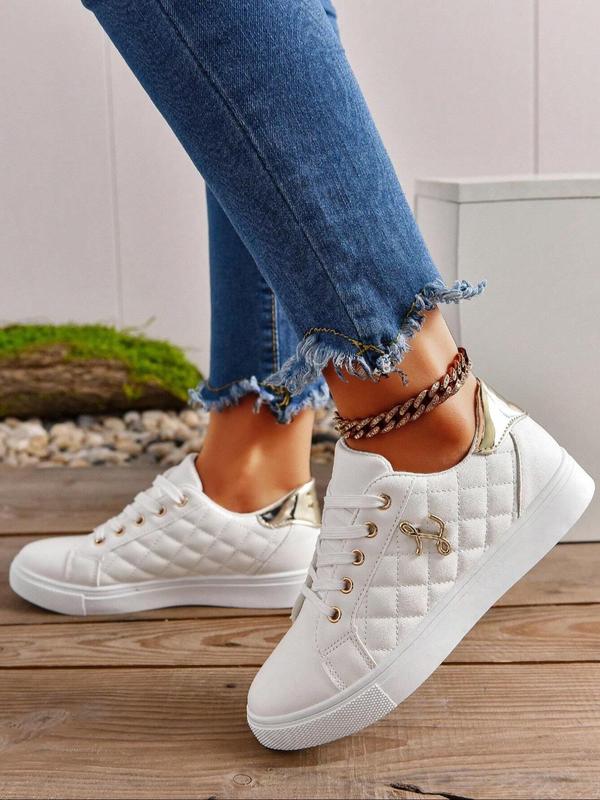 Women's Fashionable Quilted Shoes, Lace Up Skate Shoes, Casual Comfortable Sports Shoes for Daily Wear, Non-slip Breathable Shoes for Women