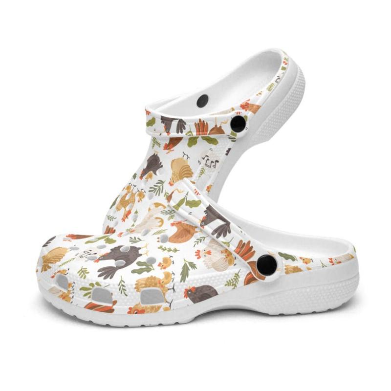 Women's clogs, men's clogs, garden shoes, funny chicken pattern, chicken design, chicken clogs, unisex garden shoes, lightweight outdoor clogs