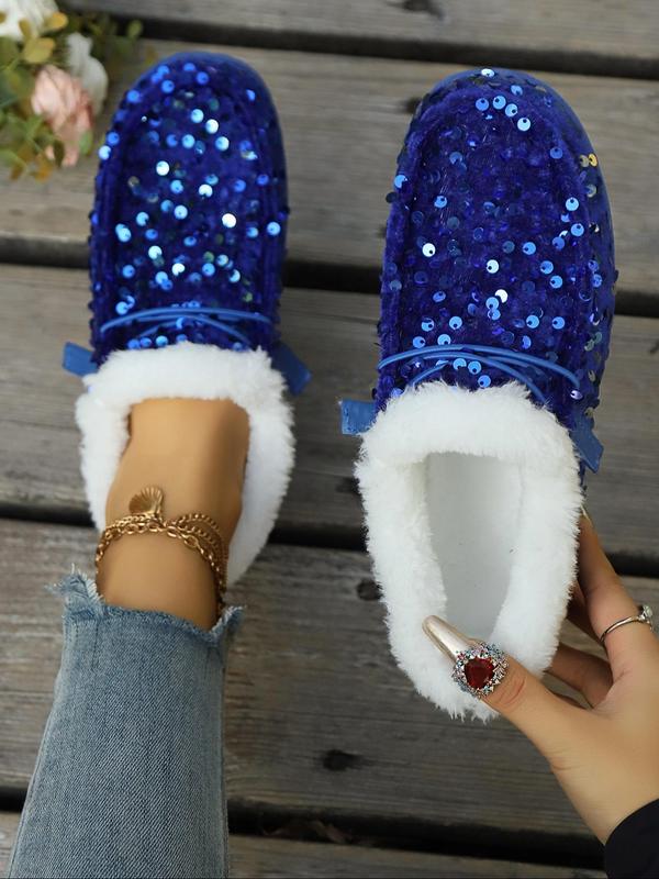 Women's Fashionable Contrast Sequin Design Plush Slip on Sneakers, Casual Comfortable Low Top Shoes for Daily Wear, Female All-match Round Toe Sports Shoes for Winter, Fall Shoes