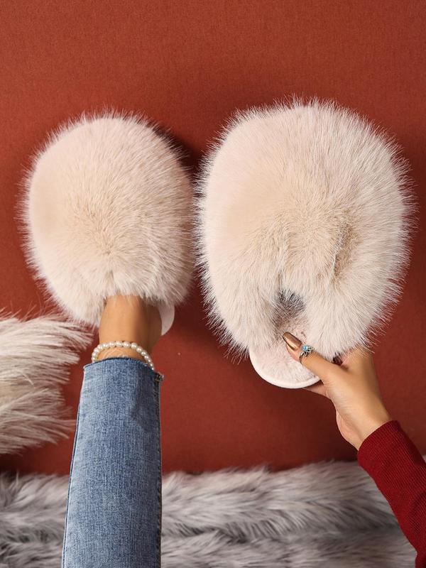 Women's Solid Color Plush Slippers, Casual Soft Comfortable Home Slippers, Warm Slippers for Indoor & Outdoor Use for Fall & Winter Fur Slippers