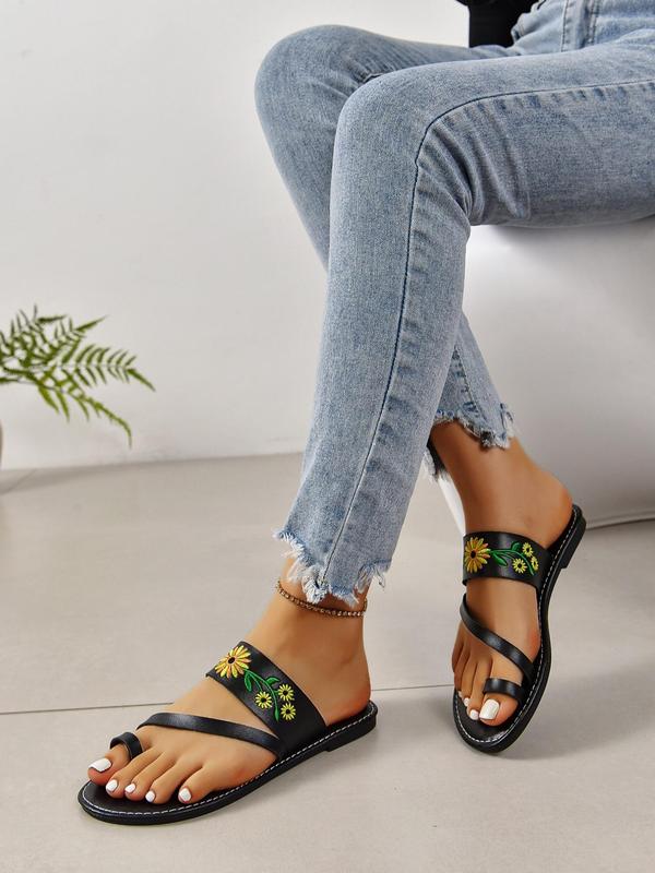 Women's Fashionable Floral Embroidering Slide Sandals, Casual Versatile Beach Popular 2024 Summer Sandals, Vintage All-match Flat Sandals for Women and Girls