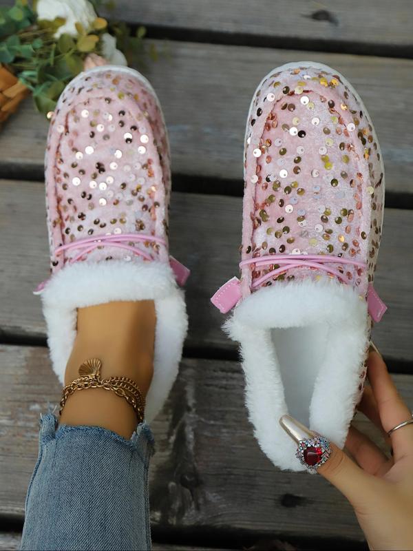 Women's Fashionable Contrast Sequin Design Plush Slip on Sneakers, Casual Comfortable Low Top Shoes for Daily Wear, Female All-match Round Toe Sports Shoes for Winter, Fall Shoes