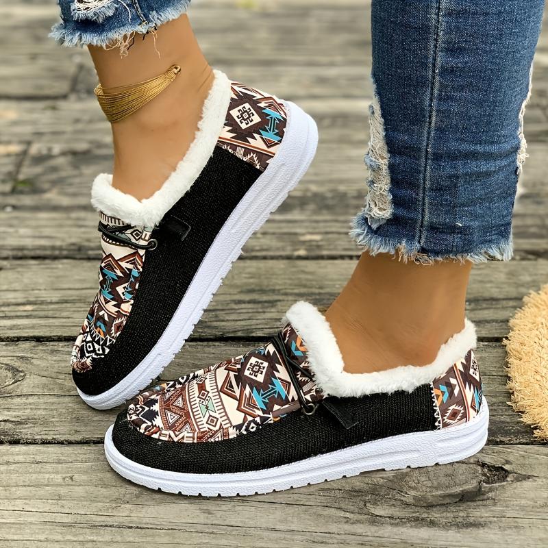 Cozy Fluffy Tribal Loafers - Women's Soft Sole Warm Plush Lined Winter Shoes for Snow - Non-slip Round Toe Comfortable Slip-Ons with Breathable Lining