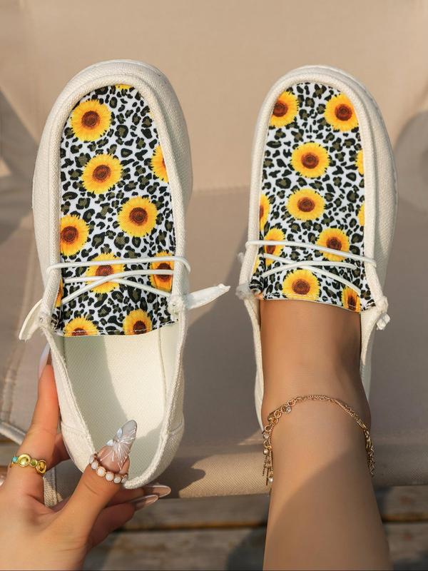 Women's Fashionable Sunflower & Leopard Pattern Lace Up Low Top Loafers Shoes, 1 Pair Casual Comfortable Walking Shoes for Daily Wear, Perfect for Students and Outdoor Sports