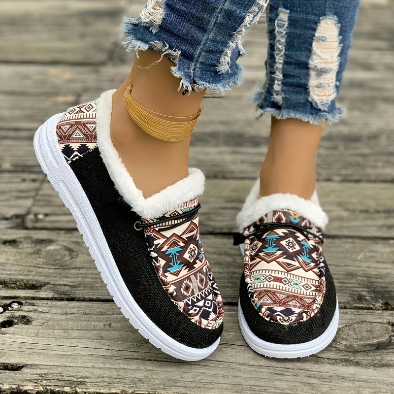 Cozy Fluffy Tribal Loafers - Women's Soft Sole Warm Plush Lined Winter Shoes for Snow - Non-slip Round Toe Comfortable Slip-Ons with Breathable Lining